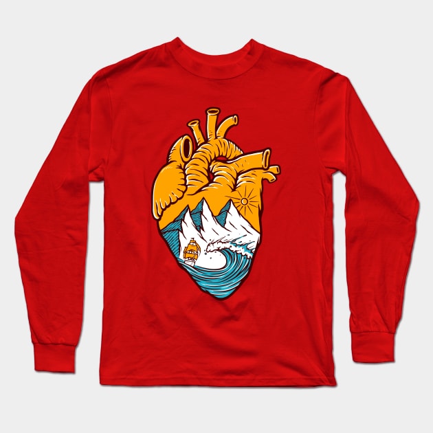 Sailing In Heart Illustration Long Sleeve T-Shirt by Mako Design 